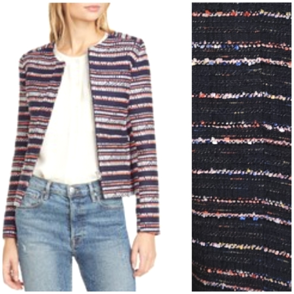 LOFT FACTORY Navy Multi-Color Striped Tweed Blazer Jacket 4.
